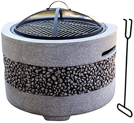 Kleine Feuerstelle, große 3-in-1-Feuerstelle mit BBQ-Grillregal, Einfassung aus MgO-Kunststein für Außenterrasse, Terrassendielen (grau)