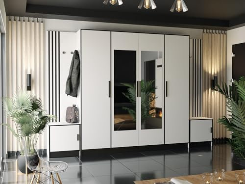 KIER FURNITURE Kleiderschrank Mit Sitz Und Paneelen – Gardarobenstaender – Sitzbank Garderobe – Flurgarderobe Schmal – Garderobenständer Mit Sitzbank – Farbe Weiß – 312,8x205x39 cm