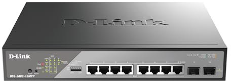 D-Link Smart Switch 10 Gigabit PoE Ports (8 x 1000Base-T and 2 x SFP Gigabit), PoE++, Long Range PoE (up to 250 m), 242W PoE Budget, Web Interface dedicated to IP video surveillance, VLAN, QoS, ERPS,