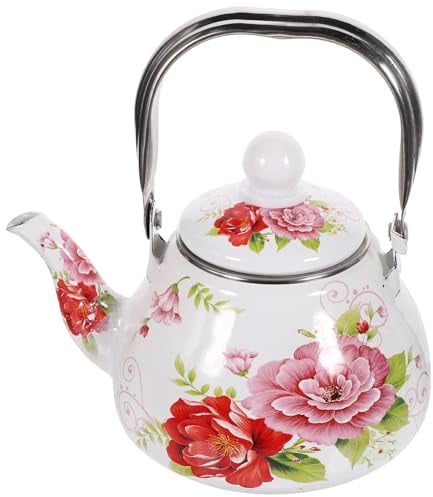 Vintage Enamel Kettle with Floral Design Stovetop Tea Pot with Tea Strainer Heat-resistant and Easy to Clean for Home and Office Use