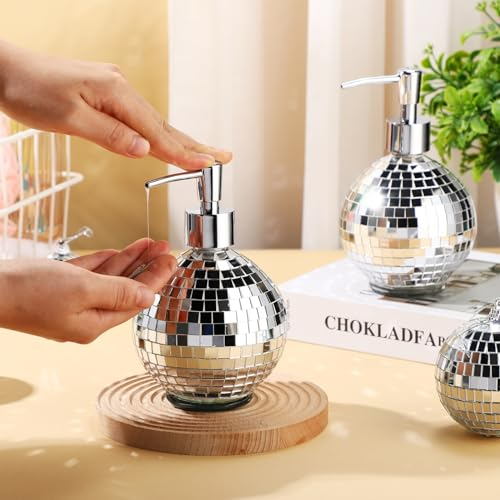FillTouch Discokugel-Glas-Seifenspender für Badezimmer, 400 ml, Spiegelgläser, Lotion, Flasche, Pumpe, nachfüllbarer Spender für flüssige Handseife, Lotion, ätherisches Öl, klassisch, silberfarben, 2