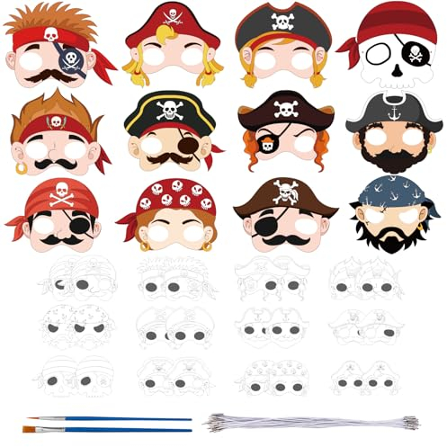 YOLOUP 24 Stück Piraten Maske zum Ausmalen Kinder Piratenmaske zum Bemalen Pirat Halbmasken Malpapier Party Papiermasken zum Basteln für Jungen Mädchen Geburtstage Karneval Piratenschatzsuche Spiel