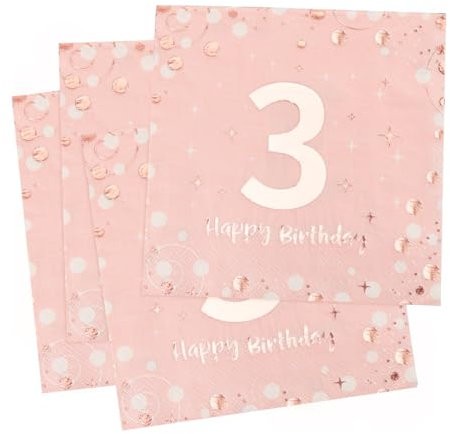 Rosa Servietten für 3. Geburtstag - 30 Stück Happy Birthday Papierservietten, 3-Lagig Milestone Tischdekoration für Junge Mädchen Geburtstag Feiern Party Jubiläum