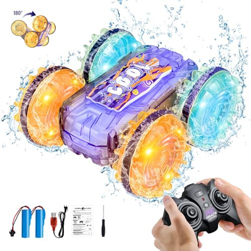colmanda Voiture Télécommandée Enfant, RC Voiture Tout Terrain Etanche, 4WD 360°Rotation 2.4GHz Cascadeuse avec Feux de Roue,Lumineuse Voiture Télécommandée pour Enfants 3 4 5 6 7 8+ Ans