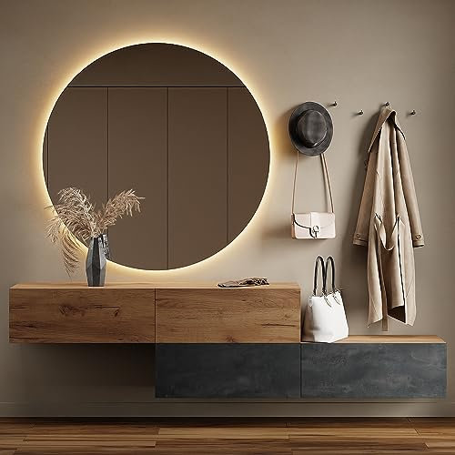 Planetmöbel Flurgarderobe 2X 160 cm inkl. Spiegel rund mit Beleuchtung 100 cm, Gold Eiche - Schwarz Charcoal/Gold Eiche, Flur Möbel mit Spiegel, 2X 37,8T x 160B x 32,5H cm