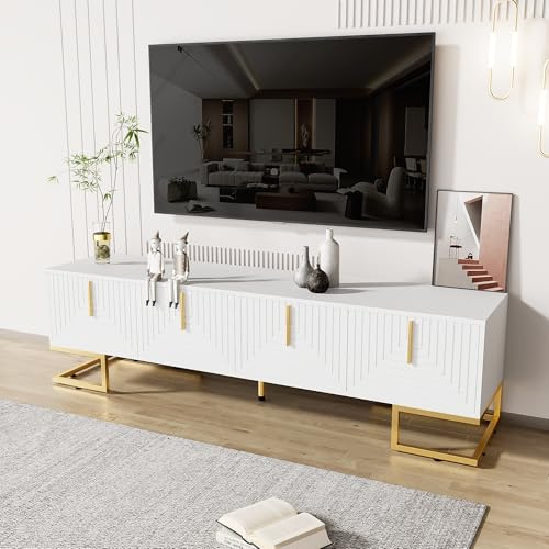 MSMOK TV-Schrank, lowboard mit strukturierter Tür, TV-Möbel mit Schubladen, goldenen Füßen und goldenen Griffen (Weiß)