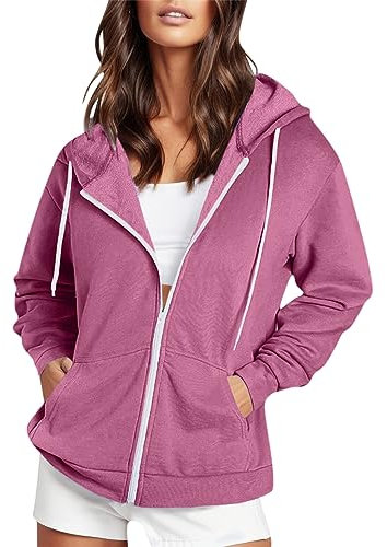 Felpa Donna con Cappuccio e Zip Giacca Sportiva Leggero Hoodie Cotone Manica Lunga Sweatshirt Aperto con Tasche e Cerniera Felpe Casual Classico Primavera Autunno giacca sportiva con coulisse
