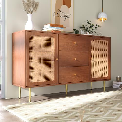 ModernLuxe Sideboard Storage Cabinet with 2 Doors and 3 Drawers, Rattan Lattice Decoration, Living Room Cabinets with Metal Handles, Chest of Drawers, Adjustable Shelf, Walnut, 150x40x90cm