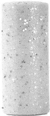 Tüll Stoff 15cm x 22m Glitzer Tüll Dekostoff mit kleine Pailletten Tüllband für Bankett Deko Handwerk Hochzeit Weihnachten Party Deko (Weiß)