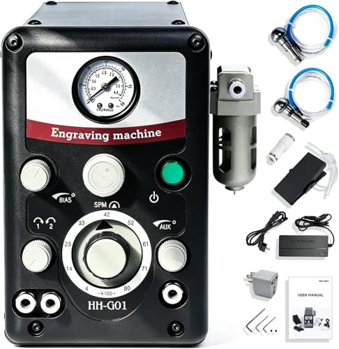 GEMKIT Máquina neumática de grabado de joyas, velocidad ajustable de 400-8000 rpm, cabezales de grabado duales, grabador de precisión para oro, plata, cobre y acero inoxidable, herramienta para hacer