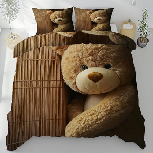 Nette Bär Bettwäsche 135x200 3 Teilig, Plüsch Puppe Bettbezug, Kinder | Schlafzimmer Dekor Bettwäsche Set, Wendebettwäsche mit Reißverschluss und 2 Kissenbezug