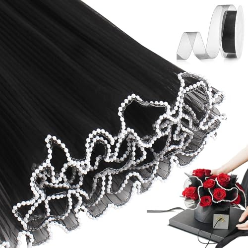 Geschenkpapier für Blumensträuße, wasserdicht, Blumenstrauß, schwarz, mit Perlenkante, raue Spitze, durchscheinendes Netzgewebe, Blumenverpackung für Muttertag, Hochzeit