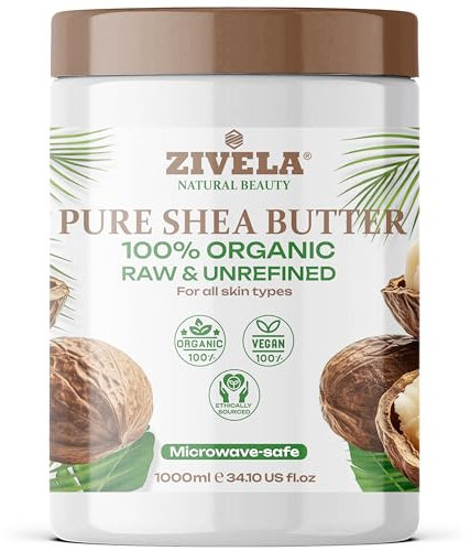 Zivela Manteca de karité 100 % orgánica, 1000 ml, sin refinar, cuidado corporal natural, hidratante y reengrasante para todos los tipos de piel