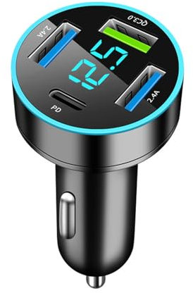 Zigarettenanzünder USB, 4-Port USB Zigarettenanzünder Adapter, 50W Auto Ladegerät Splitter QC3.0 Schnellladegerät PD30W 12V, mit LED Voltmeter, für Phone, Pad, Galaxy, Xiaomi