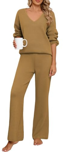 PASUDA Ribbed Lounge Wear Sets for Women 2 Piece Track Suits Full Set Long Sleeve V Neck Elastic Waist Co Ord Sets Ladies Pjs Loungewear Sleepwear Homewear Leisure Outfits