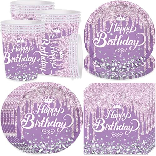 Bikasun Vaisselle de fête Violet pour 16 invités, Avec assiettes, gobelets, serviettes, assiettes en carton, écoration de table pour fille