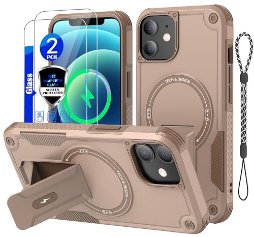 for iPhone 12 Case/iPhone 12 Pro case[Compatible with MagSafe][with 2*9H Tempered Glass Screen Protector], Built in Invisible Stand, Not fading，Shockproof Protective Phone Cover 6.1-inch(Desert Gold)