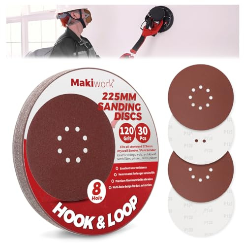 Makiwork 30PCS 225mm 8-Hole 120 Grit Hook & Loop Sanding Discs – Heavy-Duty Aluminum Oxide Sandpaper for Drywall Sander, Paint Removal, Wood & Metal Surface Prep