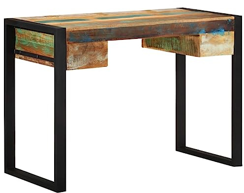 Teenpull Vintage Schreibtisch aus Altholz, 110x50x77 cm, Mehrfarbig, Massivholz Computertisch mit Zwei Schubladen, Handgefertigter Bürotisch für Home Office, Robuster Arbeitstisch