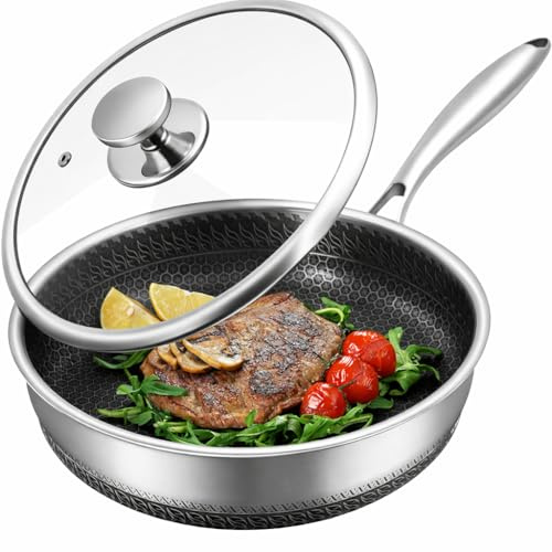 Royal Swiss 28 cm Stieltopf aus Edelstahl Triply mit Wabenbeschichtung – Induktionsgeeignet, antihaftbeschichtet und PFOA-frei – hitzebeständiger Glasdeckel (24 cm Bratpfanne)