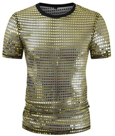 Herren Pailletten-T-Shirt, Transparenter Glitzer Tank Top mit Kurzarm & Rundhalsausschnitt, Glänzende Metallische Disco-Hemden der 70 & 80er Jahre mit Transparenten Einsätzen, Lockere Tunika Clubwear