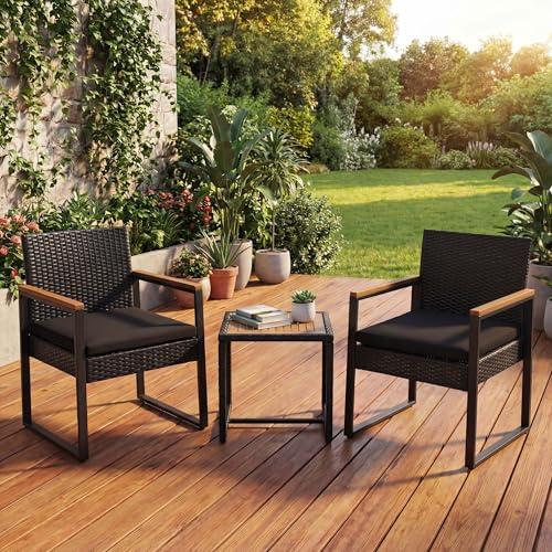Mendler Poly-Rattan Garnitur HWC-P74, Lounge-Set Garten 2X Stuhl Tisch, Akazie Holz Stoff 180g/m² - schwarz, Polster schwarz