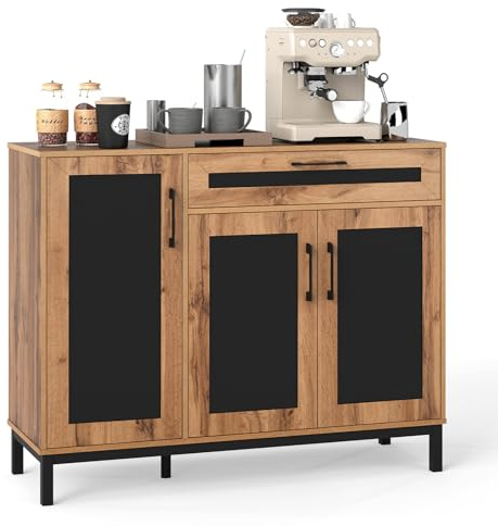 COSTWAY Sideboard Holz, Küchenschrank mit Schublade, 3 Türen, herausnehmbaren Regalen, 120 x 41 cm Arbeitsfläche, Buffetschrank für Küche, Esszimmer, Aufbewahrungsschrank, Natur + Schwarz