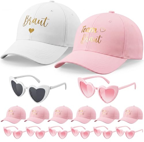 BBTO 8 Sets JGA Accessoires 7 Rosa und 1 Weiße Baseballcap Hochzeit | 8 Paar Party Sonnenbrillen, Junggesellinnenabschied, Brautparty, Team Braut, Weiße Braut Caps