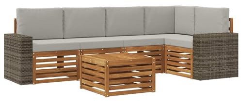 vidaXL Ecksofa Set 6 pcs Natürlich und Hellgrau Massivholz Akazie, Gartenmöbel, modernes Ecksofa, Outdoor-Lounge, Terrassenmöbel für entspanntes Chillen und Genießen