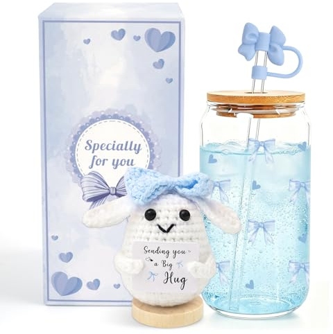 YYSWSAKY Cadeaux pour Filles Adolescentes 9 10 11 12 13 14 15 16 Ans, Bow Gobelet en Verre & Lapin Positif, 473ml Tasse en Verre avec Couvercle et Paille, Cadeaux pour Fille Anniversaire Pâques (Bleu)