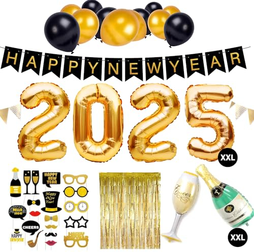 Silvester Deko Set XXL 2025 | Neujahr Party Silvesterdeko | Girlanden, XXL Mega Ballons, Fotorequisiten, Dekoration | Happy new year