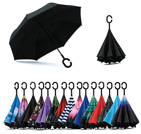 NNY Inc Double Layer Inverted Umbrella Cars Reverse Open Folding Umbrellas, Windproof UV Protection Large Self Stand Upside Down Straight Umbrella for Golf Women and Men with C-Shaped (Black)
