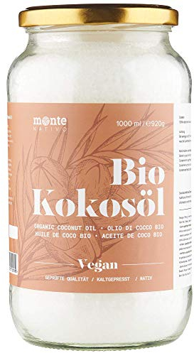 Olio di Cocco Biologico Extra Vergin Monte Nativo (1L) - Olio di cocco alimentare - Crudo e Spremuto a Freddo, Organico e Puro 100%, Non Processato, Bio, Ideale per Capelli, per il Corpo