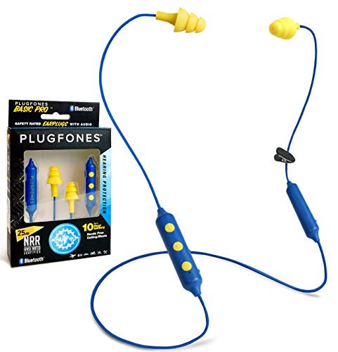 Plugfones Basic Pro Earplug Headphones Wireless Bluetooth in-Ear Earplug Earbuds 25 dB Noise Reduction Rating OSHA Compliant Hearing Protection with Noise Isolating Mic and Controls (Blue & Yellow)