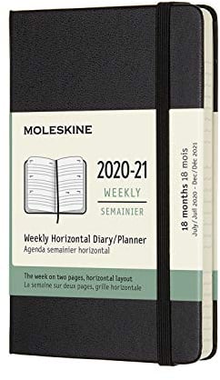 Moleskine - Horizontaler Wochenplaner/Tagesplaner, Terminkalender 18 Monate 2020/2021, Wochenplaner mit festem Einband und elastischem Verschluss, Format Pocket/A6 9 x 14 cm, Farbe schwarz, 208 Seiten