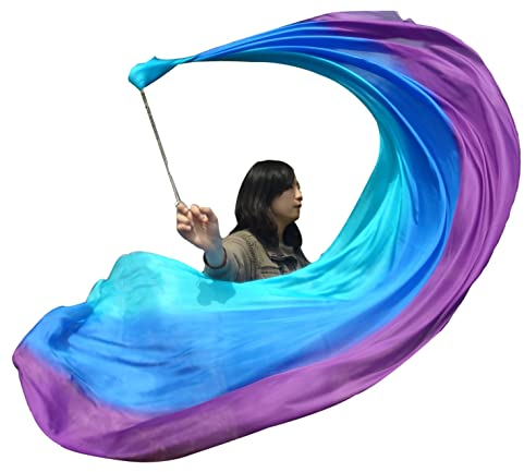 Winged Sirenny 230cm Bauchtanz Seidenschleier Poi Bälle mit Tuch, Echte Seide Jonglierset Schleier VOI, 1 Stück (türkis-blau-violett)