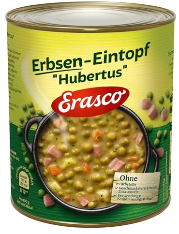 Erasco Erbsen-Eintopf Hubertus (1 x 800g), In rund 5 Minuten fertig – Mit saftigen Kasseler Würfeln – Knackige Erbsen geben den legendärer Erasco-Geschmack