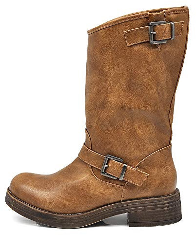 IF Fashion Scarpe Stivali da Donna al Polpaccio Biker Motociclista con Fibbie Anfibi 19007-9 Camel N.39