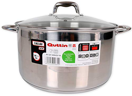 Quttin | Olla Profesional New Caesar de Inducción para Cocina y Horno | Cacerola Grande de Acero Inoxidable Antiadherente con Tapa de Cristal y Asas 32 cm/7 L | Apta para Todo Tipo de Cocinas