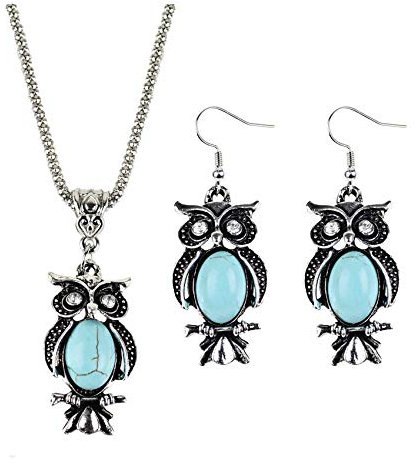 Retro Türkis Eule Schmuck Sets 925 Silber Anhänger Ohrring Halskette Mode Kette Handgemachte Amulettgeschenke Für Ihre Frau