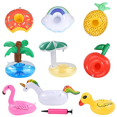 HOLEMZ Porte-Boissons Gonflable Bar Flottant Plateau Porte Verre Piscine Mignonne Coasters avec Pompe à Air pour Pool Party Jouets de Bain Plaisir de l'eau Réutilisable 9 Pièces