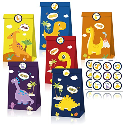 POOPHUNS Geschenktüten, 12 Stück Papiertüten Geschenktüten mit 18 Aufkleber - Dinosaurier Papiertüten- L 4.7 in x W 2.4 in x D 7.8 in, Candy Tüten für Kindergeburtstag, Hochzeiten, Teepartys
