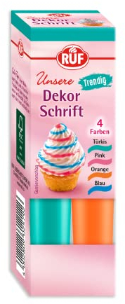 RUF Zucker-Schrift, 4 Tuben Dekor-Schrift in Türkis, Pink, Orange & Blau, zur Beschriftung von Glasur, Zuckerguss und Fondant, Tortendeko für Weihnachtsplätzchen, 4 x 25g