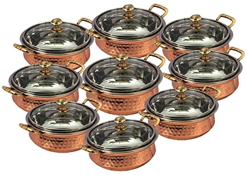 PARIJAT HANDICRAFT Indian Hammered Copper Serving Bowl for Food Soup with Handle and Glass Lid Decorative Small Seveware Pack-of-9