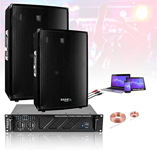 IBIZA SOUND LIGHT Pack Sono 1680W Total Ibiza Sound 2 Enceintes 3 Voies 2x600w - Ampli Ventilé 2x240w - Câblage - Idéal Salle des fêtes Bar Club