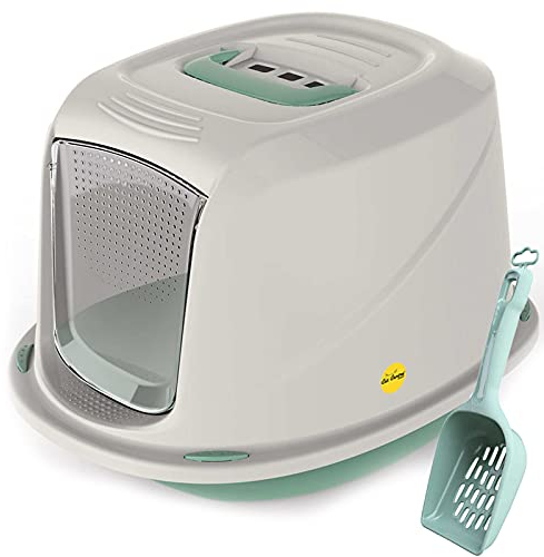 CAT CENTRE Jumbo Green Hooded Cat Litter Tray Waste Scoop Set Carbon Filter Kitten Large Toilet Pet Box Loo Pan Starter Pack Portable Swing Flap Door Carry Handle Galaxy Rounded Corners Easy Cleaning