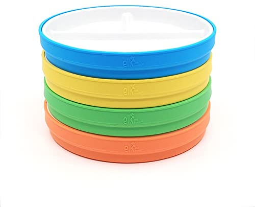 Elk and Friends Baby/Toddler 6.7 Porcelain Divided Plates + Sleeves | 4pk | Suitable for Babies | Silicone Sleeves | Non Slip Dinnerware | Microwave + Dishwasher Safe | Perfect for First Foods + Snacks