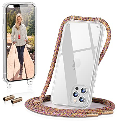 GOODVISH Handykette kompatibel mit iPhone 12 und iPhone 12 Pro 6,1 Display,Necklace Hülle mit Band Handyhülle für zum Umhängen,Transparent Case mit Schnur Schutzhülle mit Kordel, Rainbow