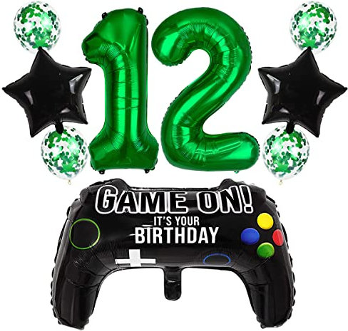Liitata Video Game 12th Birthday Decorations for Boys Gaming Party Decorations Set for Gamers Green Number 12 Foil Balloon Large Game Controller Balloon for Boy Birthday Motto Party