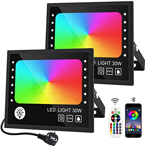 RGB Strahler 30W, RGB LED Strahler 2er mit 16 Millionen Farben 28 Modi Farbwechsel Dimmbar, Fernbedienung und APP Kontrolle RGB Fluter IP66 Wasserdicht Außenstrahler für Garten Party Aussen Baum